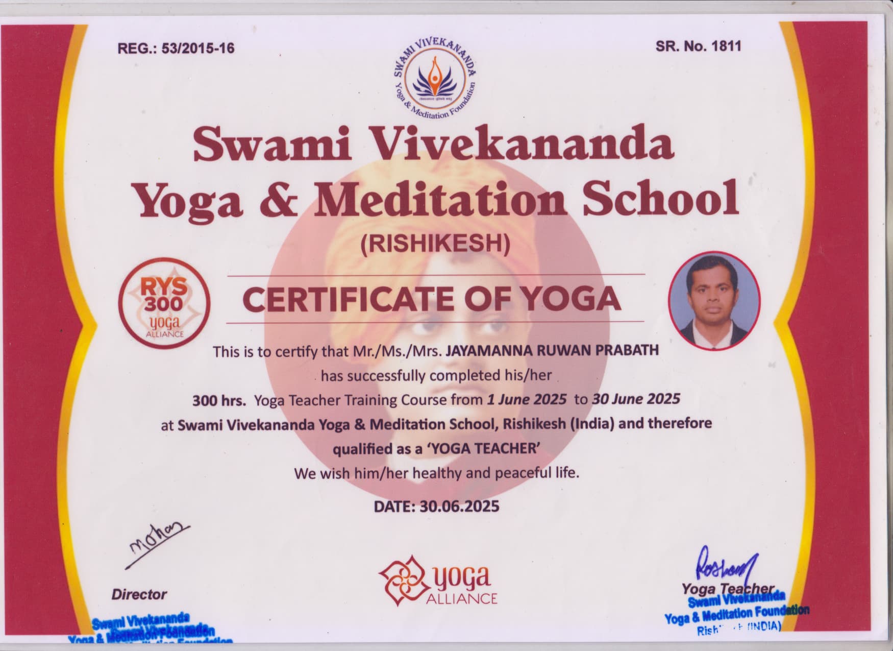 Certificate of Yoga | Swami Vivekananda Yoga & Meditation School (RISHIKESH)